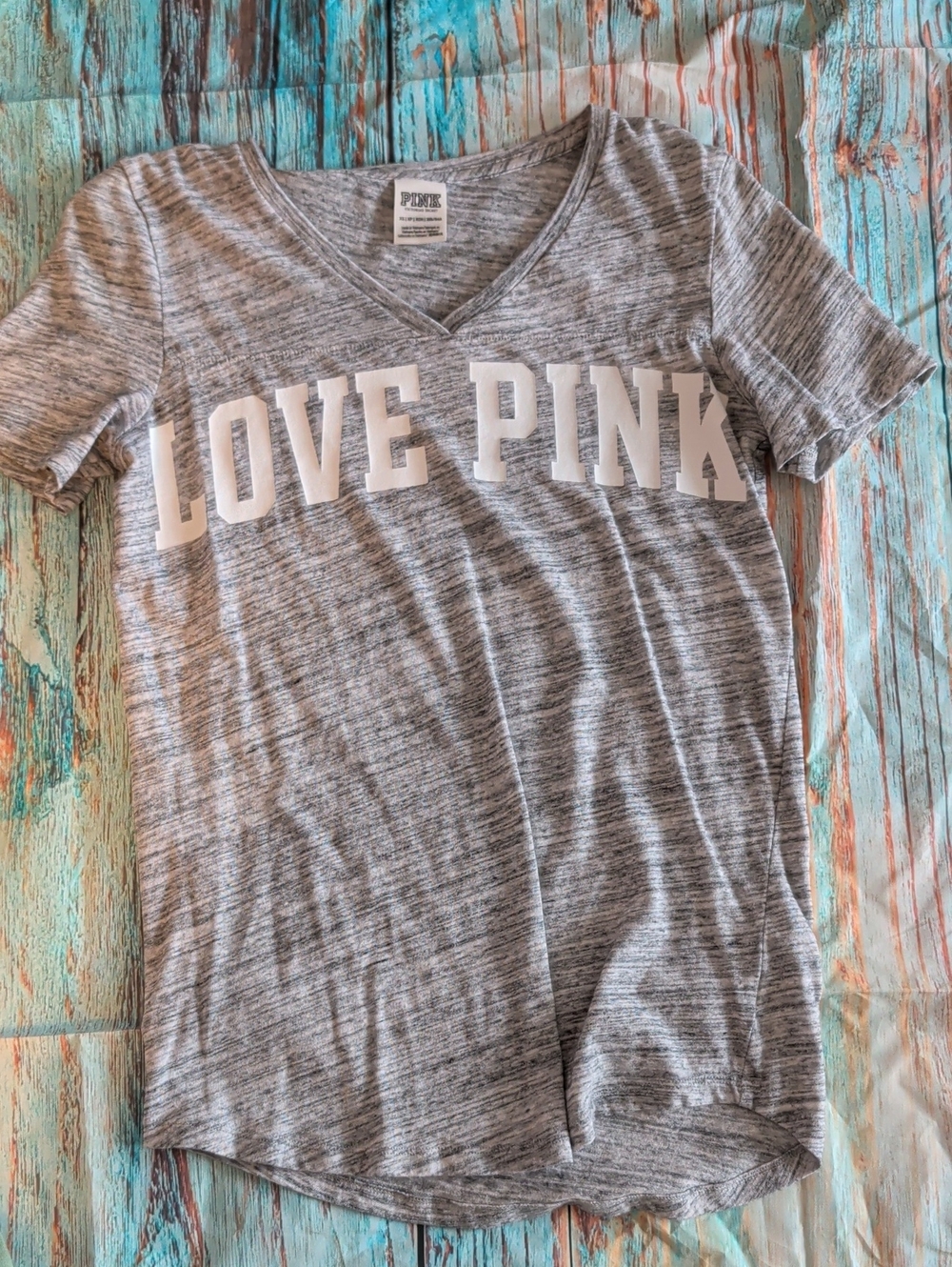 PINK Victoria's Secret Gray 'LOVE PINK' V-Neck Tee